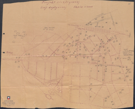 Projekt elektrycznej linii dopływowej. Mapa z zespołu akt Łódzkiego Towarzystwa Elektrycznego Spółka Akcyjna, sygn. 1847